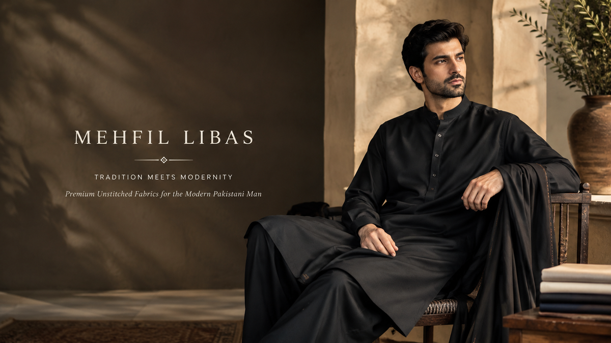 A man wearing a black long-sleeve kurta and matching trousers sits on a chair in a warm, rustic interior. The brand name 'MEHFIL LIBAS' is displayed on the left side of the image with the tagline 'Tradition Meets Modernity'.